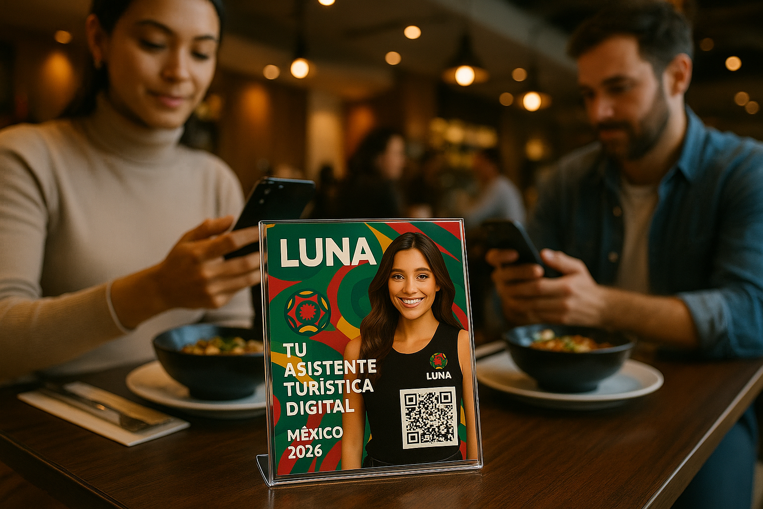Tarjeta QR LUNA en mesa de restaurante